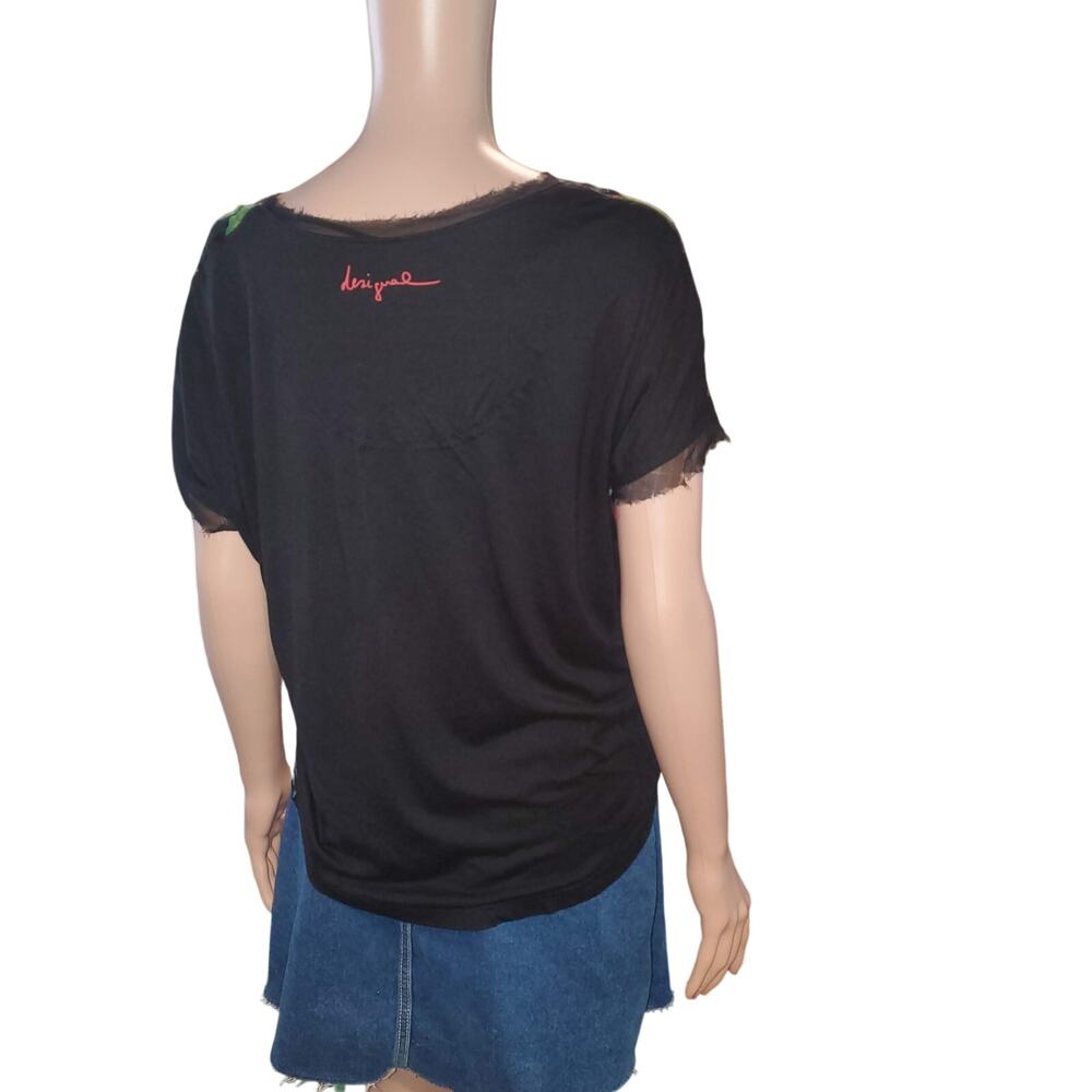 Desigual Embellished Heart Graphic Tee Black Boho Festival Top M - Picture 4 of 8
